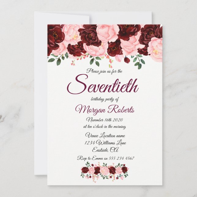 Invitation Bourgogne Rose rose Floral Seventieth 70e annivers (Devant)