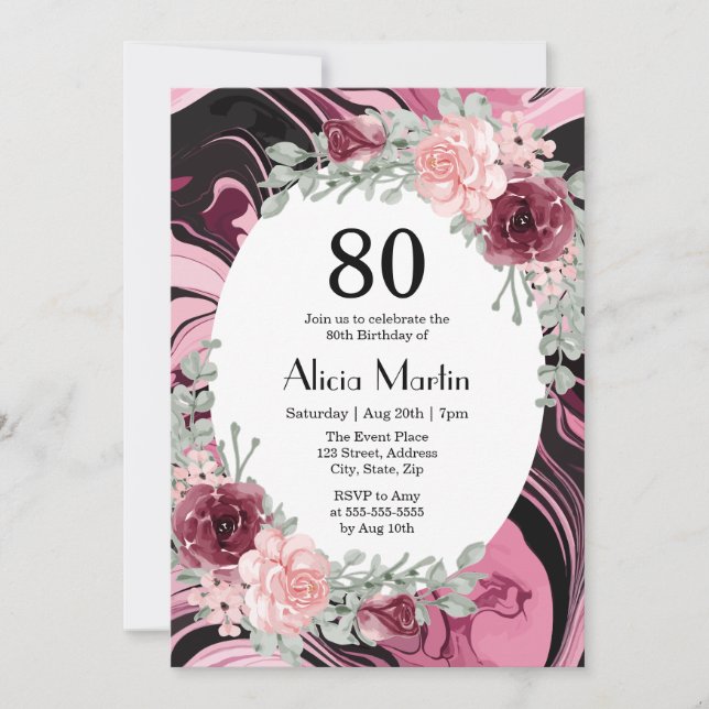 Invitation Bourgogne rose Roses Flora Marbre Fluide Anniversa (Devant)