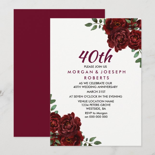 Invitation Bourgogne Rose Rouge Rubis 40ème Anniversaire de M (Devant / Derrière)