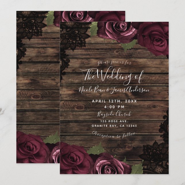 Invitation Bourgogne Rose Rustique Bois noir Mariage dentelle (Devant / Derrière)