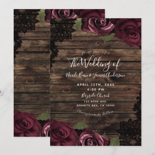 Invitation Bourgogne Rose Rustique Bois noir Mariage dentelle