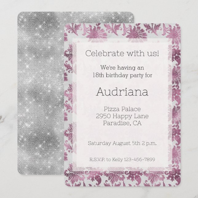 Invitation Bourgogne Rouge Argent Floral Anniversaire (Devant / Derrière)