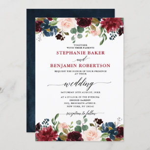 Invitation Bourgogne Rouge bleu Floral Russe Boho mariage