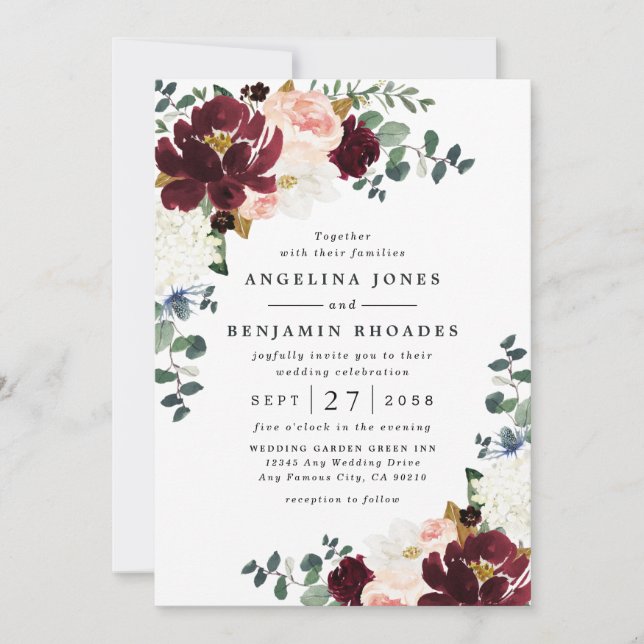 Invitation Bourgogne Rouge Bleu rose et or Mariage Floral (Devant)