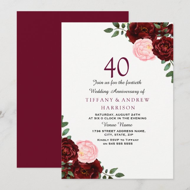 Invitation Bourgogne Rouge Blush Floral 40e anniversaire Mari (Devant / Derrière)