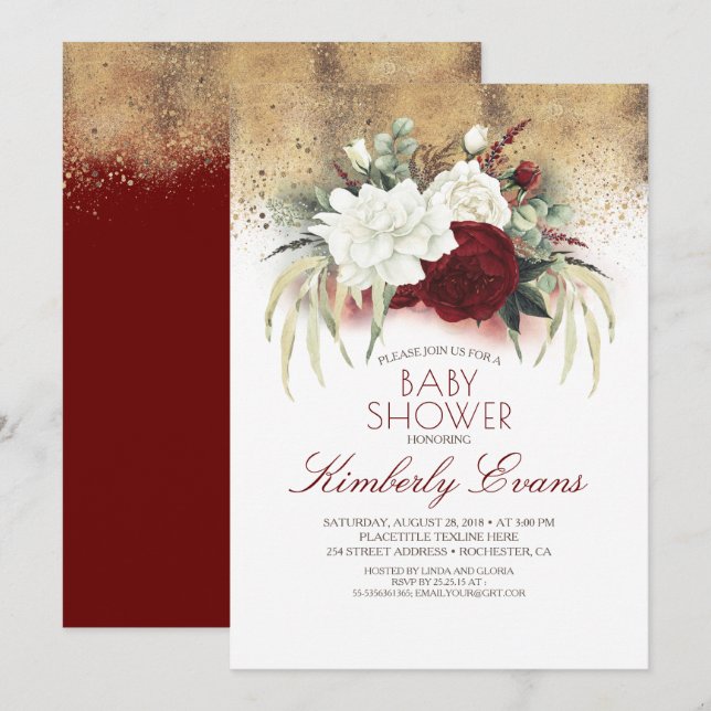 Invitation Bourgogne Rouge et blanc Floral Élégant Baby showe (Devant / Derrière)