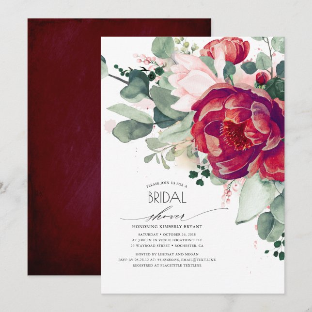 Invitation Bourgogne Rouge et Blush Floral Fête des mariées m (Devant / Derrière)