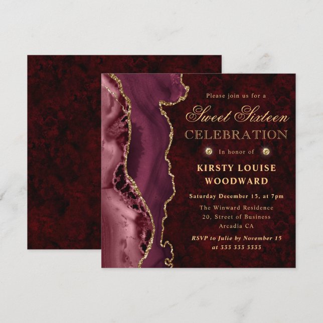 Invitation Bourgogne rouge et or Parties scintillant Agate Sw (Devant / Derrière)
