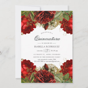 Invitation Bourgogne Rouge et or Vintage Roses Quinceañera