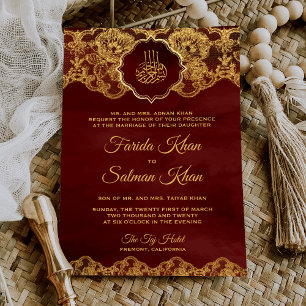 Invitation Bourgogne Rouge Feuille d'Or Dentelle Mariage Isla
