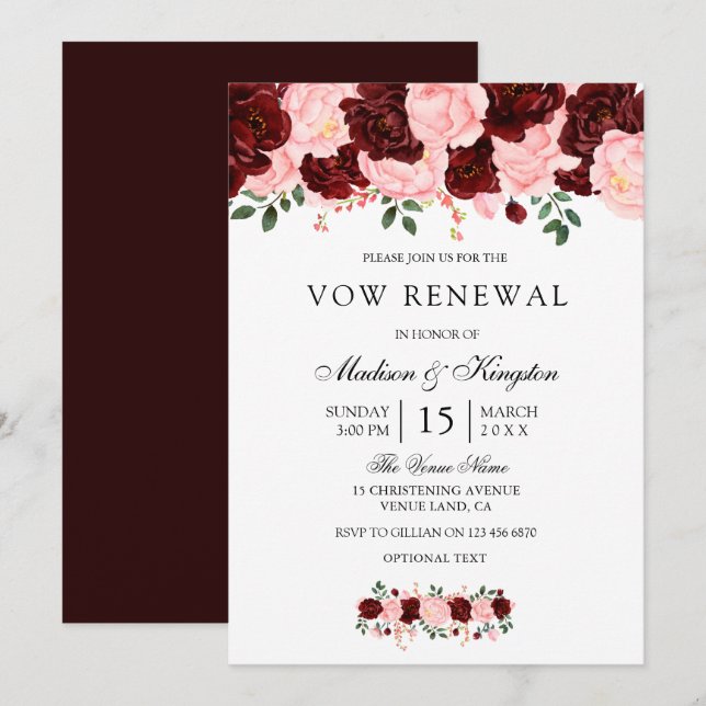 Invitation Bourgogne Rouge Fleurs rousses Vow Renouvellement  (Devant / Derrière)