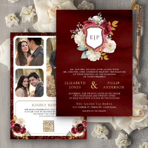 Invitation Bourgogne Rouge Floral Code QR Photo Blason Mariag