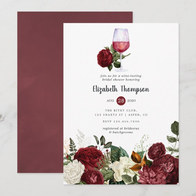 Invitation Bourgogne Rouge Floral Fête des mariées de dégusta (Devant / Derrière)