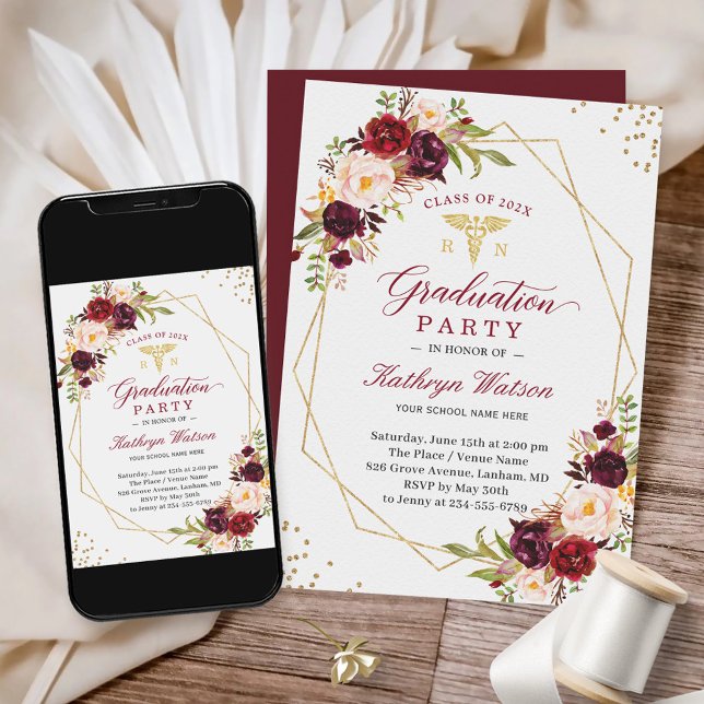 Invitation Bourgogne Rouge Floral Infirmière inscrite Graduat (Créateur téléchargé)