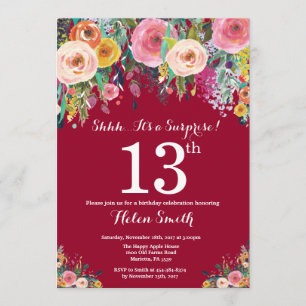 Invitation Bourgogne Rouge Floral Surprise 13e anniversaire