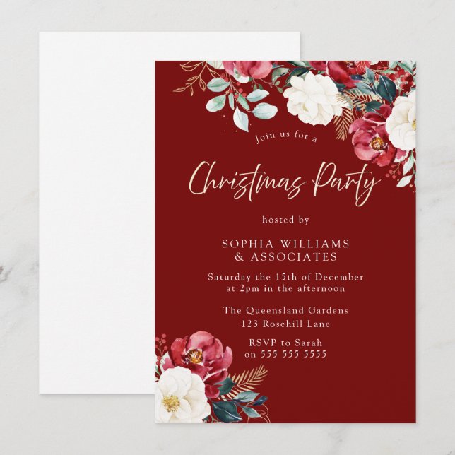 Invitation Bourgogne Rouge Floral Travail ou fête de Noël en  (Devant / Derrière)