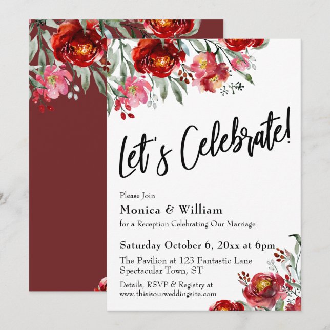 Invitation Bourgogne Rouge Floral Typographie Faisons la fête (Devant / Derrière)
