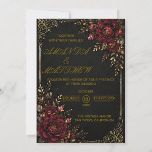 Invitation Bourgogne Rouge Gothique Rose & Filigrane Doré