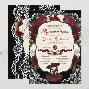 Invitation Bourgogne Rouge Noir Floral Élégant Charro Quince
