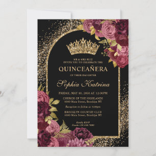 Invitation Bourgogne Rouge Noir Or Floral Photo Quinceanera