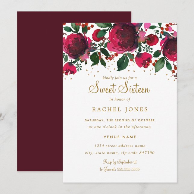 Invitation Bourgogne Rouge or Sweet sixteen Floral Anniversai (Devant / Derrière)
