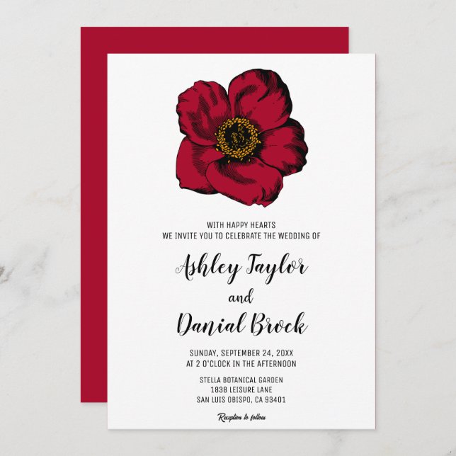 Invitation Bourgogne rouge rose simple script Mariage floral (Devant / Derrière)