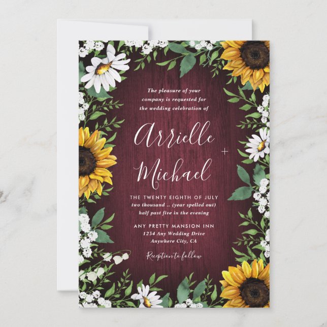 Invitation Bourgogne Rouge Tournesol vert Mariage de couronne (Devant)