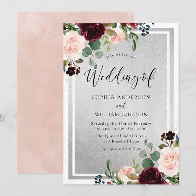 Invitation Bourgogne Rouge Vin Blush Fleurs & Mariage Argent (Devant / Derrière)