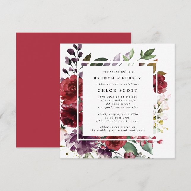 Invitation Bourgogne Rouge violet Brunch Floral Bubbly Douche (Devant / Derrière)