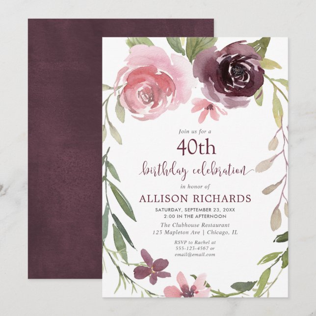 Invitation Bourgogne rougissent floral n'importe quelle fête (Devant / Derrière)