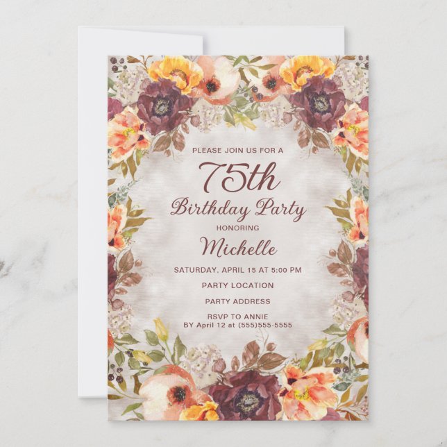 Invitation Bourgogne rouille Orange Floral Femme 75e annivers (Devant)