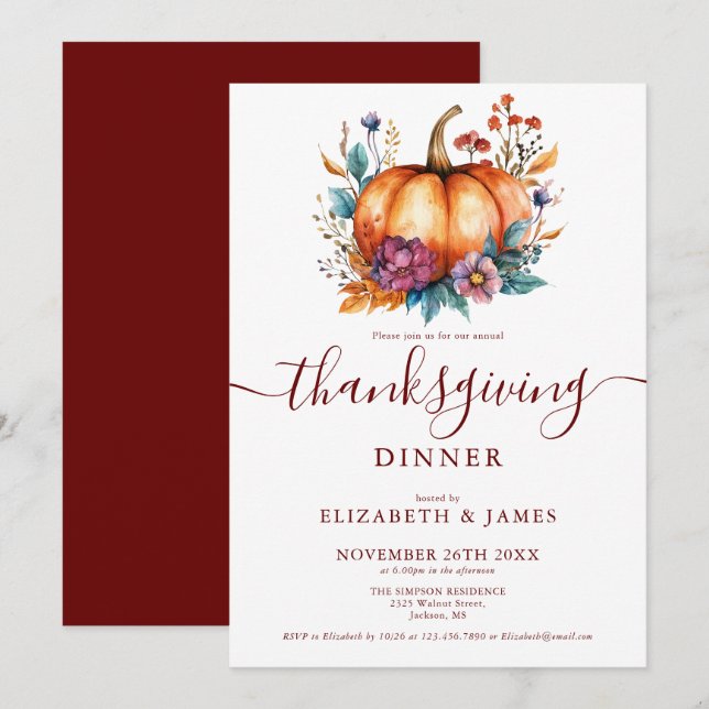Invitation Bourgogne Russe Automne Citrouille Thanksgiving Pa (Devant / Derrière)