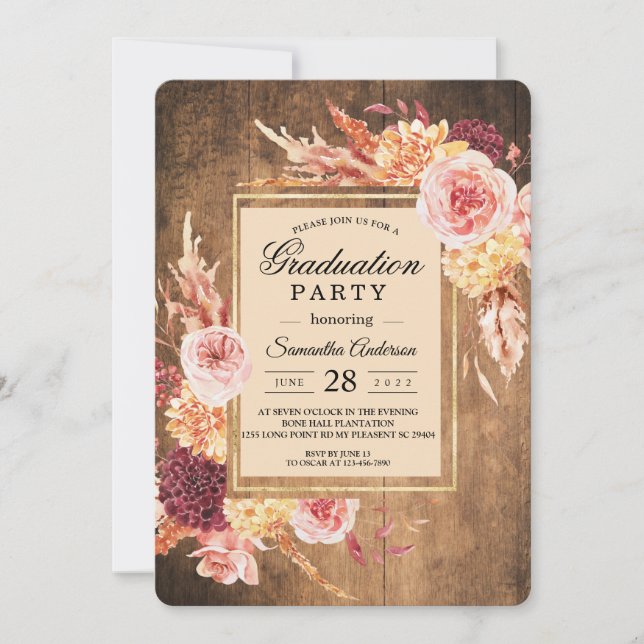 Invitation Bourgogne rustique & Blush Floral Graduation (Devant)