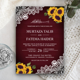 Invitation Bourgogne Rustique Bois Dentelle Tournesol Mariage