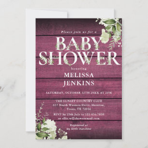 Invitation Bourgogne Rustique Bois vert Baby shower Floral
