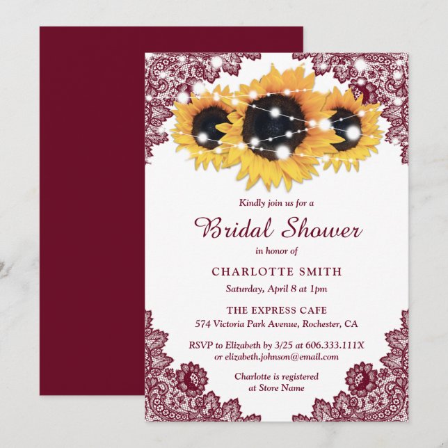 Invitation Bourgogne Rustique Chic dentelle Fête des mariées  (Devant / Derrière)