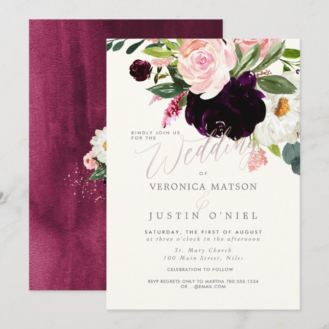 Invitation Bourgogne rustique+Fleurs d'aquarelle (Devant / Derrière)