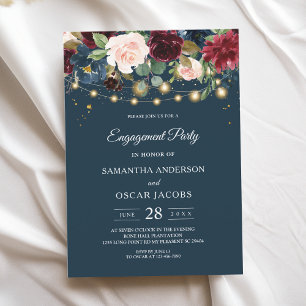 Invitation Bourgogne rustique, fleurs et lumières bleu marine