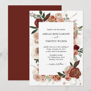 Invitation Bourgogne Rustique Floral Rose d'or Marsala Mariag