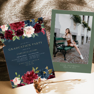 Invitation Bourgogne rustique & Marine Floral Greenery Gradua