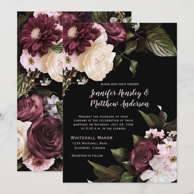 Invitation Bourgogne rustique, rose pâle, Mariage floral blan (Devant / Derrière)