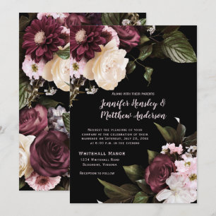 Invitation Bourgogne rustique, rose pâle, Mariage floral blan