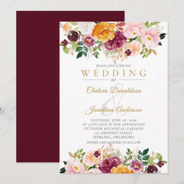 Invitation Bourgogne, safran, Mariage de fleurs d'aquarelle r (Devant / Derrière)