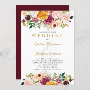 Invitation Bourgogne, safran, Mariage de fleurs d'aquarelle r