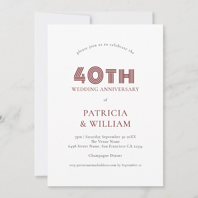 Invitation Bourgogne Texte noir 40e anniversaire de Mariage (Devant)