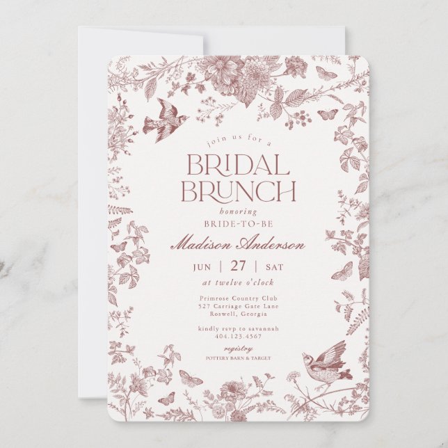 Invitation Bourgogne Toile de Jouy Floral Mariage Petit Déjeu (Devant)
