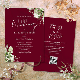 Invitation Bourgogne vert Floral QR Code Mariage