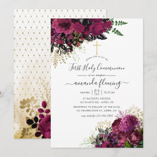 Invitation Bourgogne vintage - Première communion marsala et