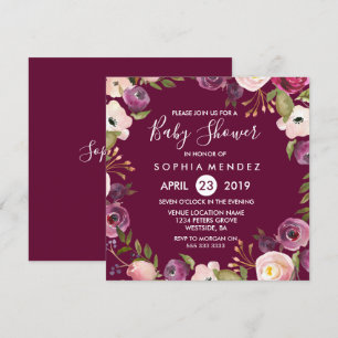 Invitation Bourgogne violet Baby shower botanique floral