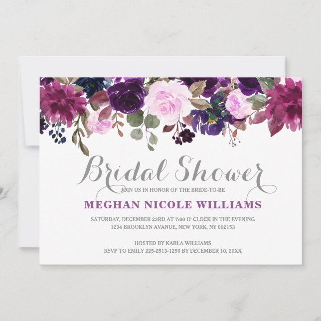 Invitation Bourgogne violet Floral Russe Boho Fête des mariée (Devant)
